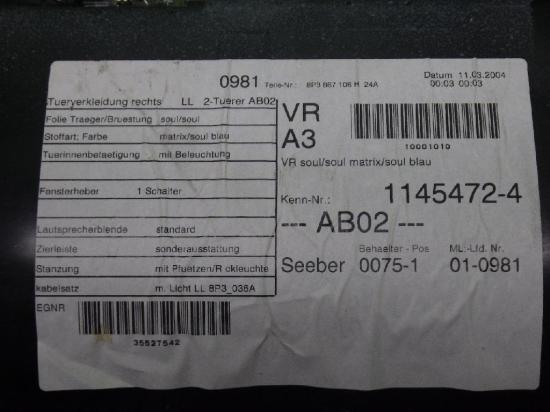 T?rverkleidung rechts AUDI (NSU) A3 Sportback (8PA) 2.0 TDI quattro 8P3867106H Bild T?rverkleidung rechts AUDI (NSU) A3 Sportback (8PA) 2.0 TDI quattro 8P3867106H