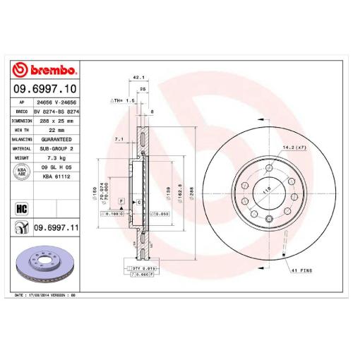 BREMBO Bremsbelagsatz, Scheibenbremse P 59 048 + Bremsscheibe 09.6997.11 Bild BREMBO Bremsbelagsatz, Scheibenbremse P 59 048 + Bremsscheibe 09.6997.11