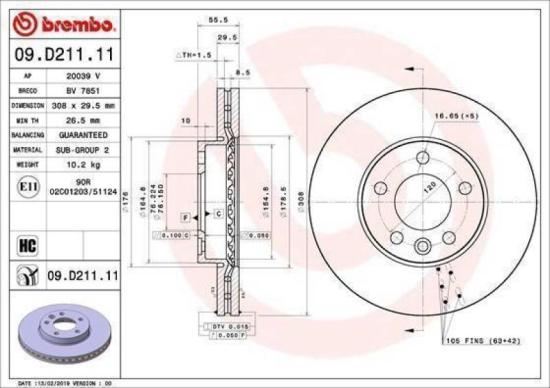 BREMBO Bremsscheibe 09.D211.11 + Bremsbelagsatz, Scheibenbremse P 85 081 Bild BREMBO Bremsscheibe 09.D211.11 + Bremsbelagsatz, Scheibenbremse P 85 081