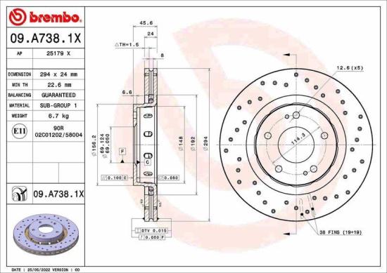 BREMBO Bremsscheibe 09.A738.1X + Bremsbelagsatz, Scheibenbremse P 54 017X Bild BREMBO Bremsscheibe 09.A738.1X + Bremsbelagsatz, Scheibenbremse P 54 017X