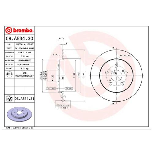 BREMBO Bremsbelagsatz, Scheibenbremse P 83 133 + Bremsscheibe 08.A534.31 Bild BREMBO Bremsbelagsatz, Scheibenbremse P 83 133 + Bremsscheibe 08.A534.31