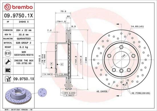 BREMBO Bremsscheibe 09.9750.1X + Bremsbelagsatz, Scheibenbremse P 06 034 + Warnkontakt, Bremsbelagverschleiß A 00 435 Bild BREMBO Bremsscheibe 09.9750.1X + Bremsbelagsatz, Scheibenbremse P 06 034 + Warnkontakt, Bremsbelagverschleiß A 00 435