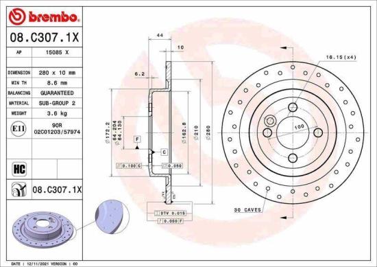 BREMBO Bremsbelagsatz, Scheibenbremse P 06 052 + Warnkontakt, Bremsbelagverschleiß A 00 298 + Bremsscheibe 08.C307.1X Bild BREMBO Bremsbelagsatz, Scheibenbremse P 06 052 + Warnkontakt, Bremsbelagverschleiß A 00 298 + Bremsscheibe 08.C307.1X