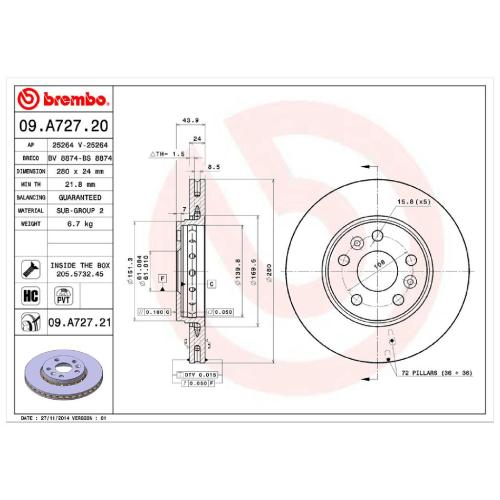 BREMBO Bremsscheibe 09.A727.21 + Bremsbelagsatz, Scheibenbremse P 68 058 Bild BREMBO Bremsscheibe 09.A727.21 + Bremsbelagsatz, Scheibenbremse P 68 058