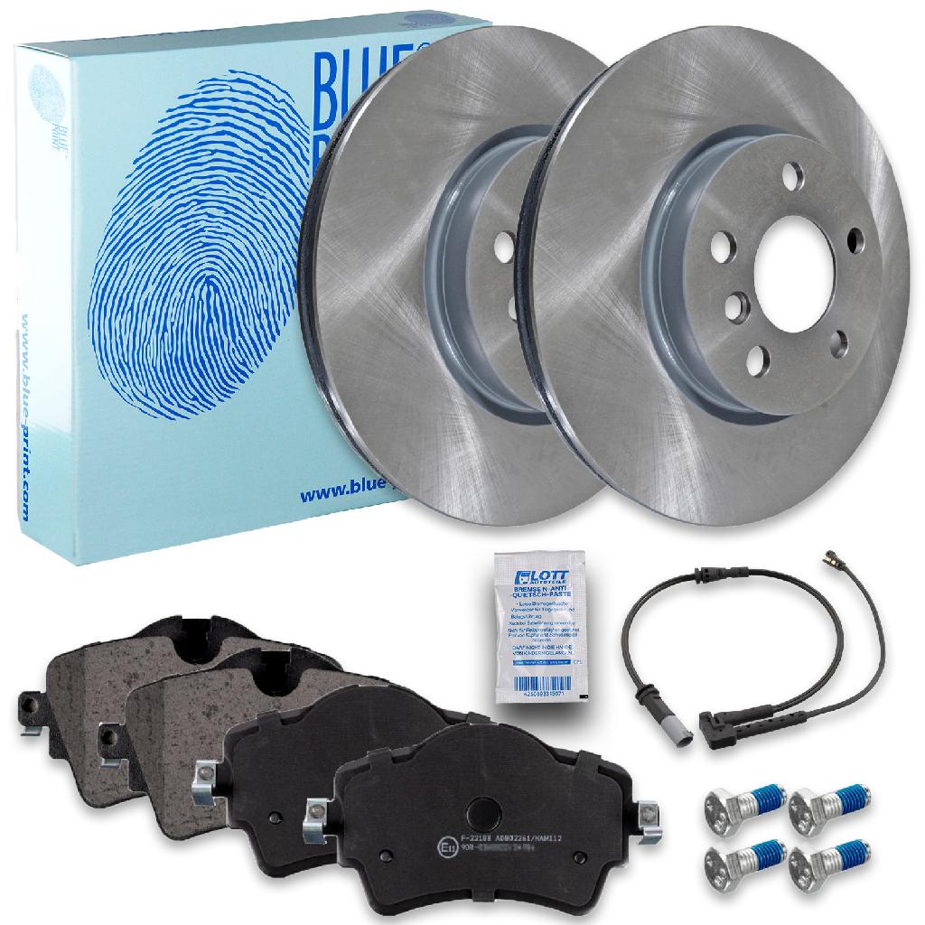 FEBI BILSTEIN Warnkontakt, Bremsbelagverschleiß 101071 BLUE PRINT Bremsbelagsatz, Scheibenbremse ADB114215 + Bremsscheibe ADB114325