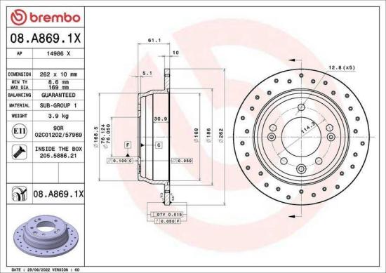 BREMBO Bremsbelagsatz, Scheibenbremse P 30 051X + Bremsscheibe 08.A869.1X Bild BREMBO Bremsbelagsatz, Scheibenbremse P 30 051X + Bremsscheibe 08.A869.1X