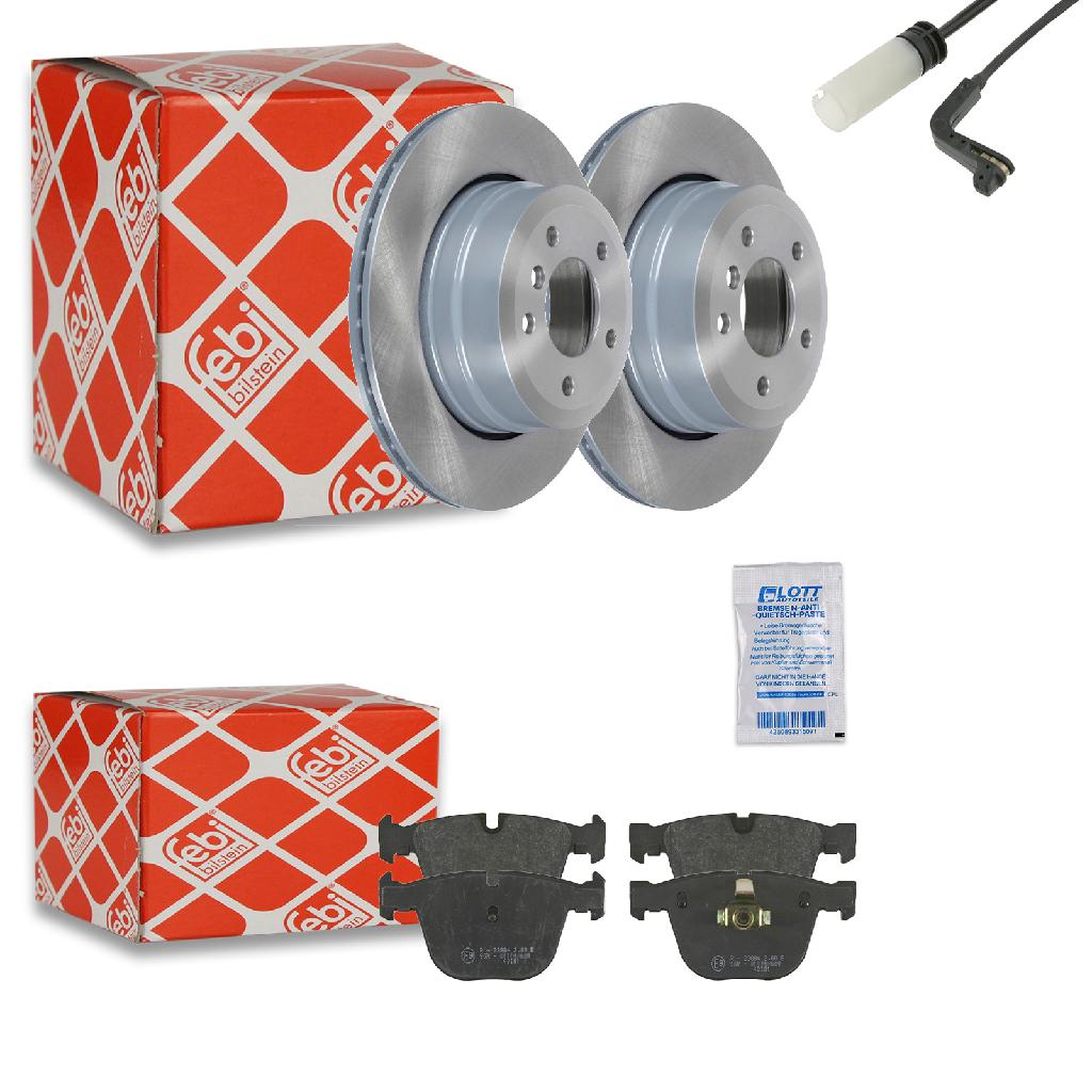 FEBI BILSTEIN Bremsscheibe 43894 + Bremsbelagsatz, Scheibenbremse 16467 + Warnkontakt, Bremsbelagverschleiß 23908