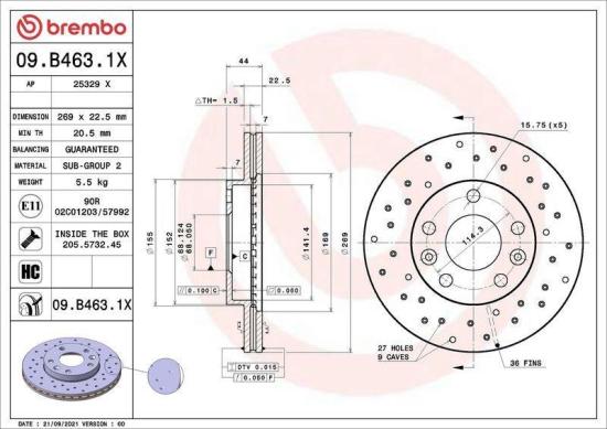 BREMBO Bremsbelagsatz, Scheibenbremse P 68 033X + Bremsscheibe 09.B463.1X Bild BREMBO Bremsbelagsatz, Scheibenbremse P 68 033X + Bremsscheibe 09.B463.1X