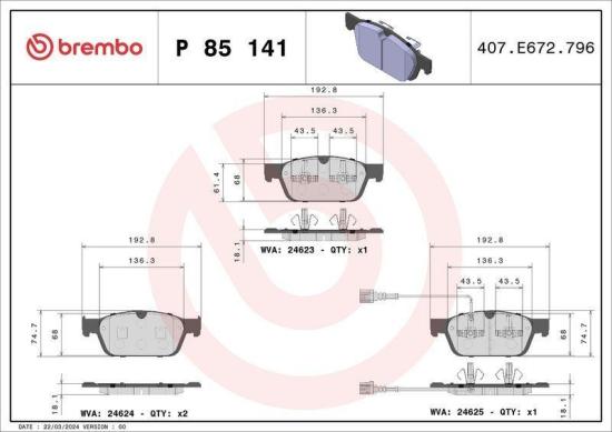 BREMBO Bremsbelagsatz, Scheibenbremse P 85 141 + Bremsscheibe 09.B498.11 Bild BREMBO Bremsbelagsatz, Scheibenbremse P 85 141 + Bremsscheibe 09.B498.11