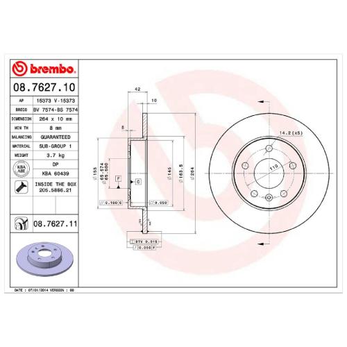 BREMBO Bremsscheibe 08.7627.11 + Bremsbelagsatz, Scheibenbremse P 59 038 Bild BREMBO Bremsscheibe 08.7627.11 + Bremsbelagsatz, Scheibenbremse P 59 038