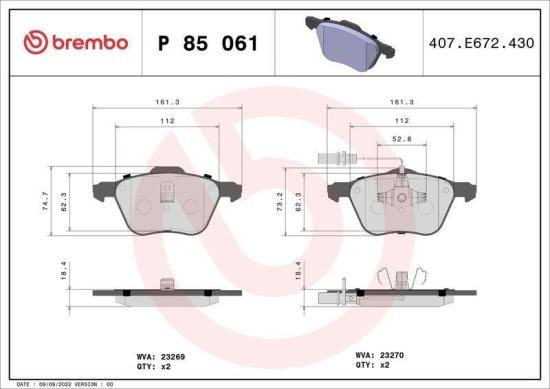 BREMBO Bremsscheibe 09.9797.11 + Bremsbelagsatz, Scheibenbremse P 85 061 Bild BREMBO Bremsscheibe 09.9797.11 + Bremsbelagsatz, Scheibenbremse P 85 061