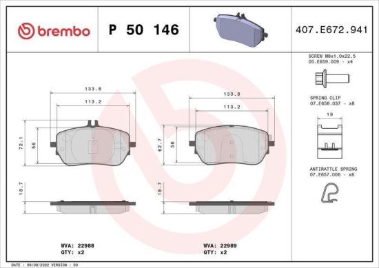 BREMBO Bremsbelagsatz, Scheibenbremse P 50 146 + Bremsscheibe 09.D772.11 + Warnkontakt, Bremsbelagverschleiß A 00 353 Bild BREMBO Bremsbelagsatz, Scheibenbremse P 50 146 + Bremsscheibe 09.D772.11 + Warnkontakt, Bremsbelagverschleiß A 00 353