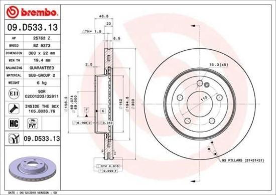BREMBO Bremsbelagsatz, Scheibenbremse P 50 136 + Warnkontakt, Bremsbelagverschleiß A 00 353 + Bremsscheibe 09.D533.13 Bild BREMBO Bremsbelagsatz, Scheibenbremse P 50 136 + Warnkontakt, Bremsbelagverschleiß A 00 353 + Bremsscheibe 09.D533.13