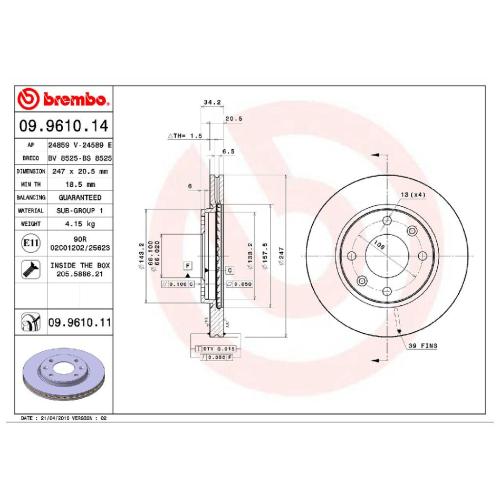 BREMBO Bremsbelagsatz, Scheibenbremse P 68 010 + Bremsscheibe 09.9610.11 Bild BREMBO Bremsbelagsatz, Scheibenbremse P 68 010 + Bremsscheibe 09.9610.11