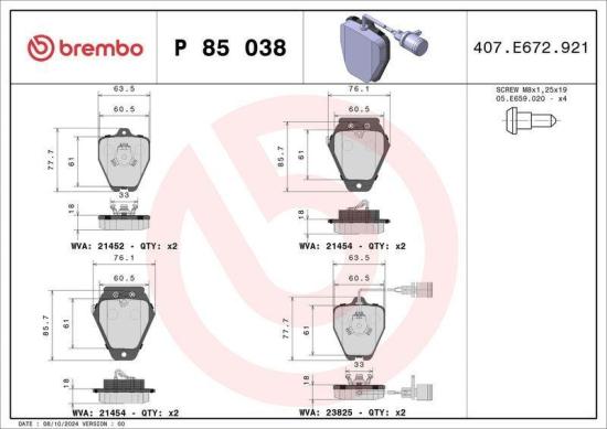 BREMBO Bremsscheibe 09.9911.11 + Bremsbelagsatz, Scheibenbremse P 85 038 Bild BREMBO Bremsscheibe 09.9911.11 + Bremsbelagsatz, Scheibenbremse P 85 038