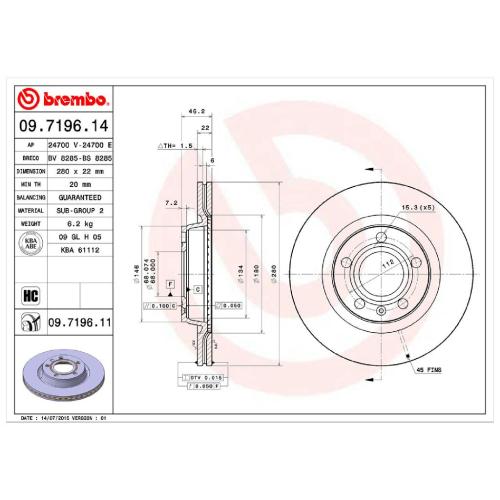 BREMBO Bremsbelagsatz, Scheibenbremse P 85 042 + Bremsscheibe 09.7196.11 Bild BREMBO Bremsbelagsatz, Scheibenbremse P 85 042 + Bremsscheibe 09.7196.11