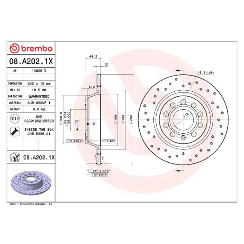 BREMBO Bremsscheibe 08.A202.1X + Bremsbelagsatz, Scheibenbremse P 85 109 Bild BREMBO Bremsscheibe 08.A202.1X + Bremsbelagsatz, Scheibenbremse P 85 109