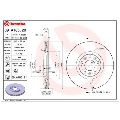 BREMBO Bremsbelagsatz, Scheibenbremse P 61 117 + Bremsscheibe 09.A185.21 Bild BREMBO Bremsbelagsatz, Scheibenbremse P 61 117 + Bremsscheibe 09.A185.21