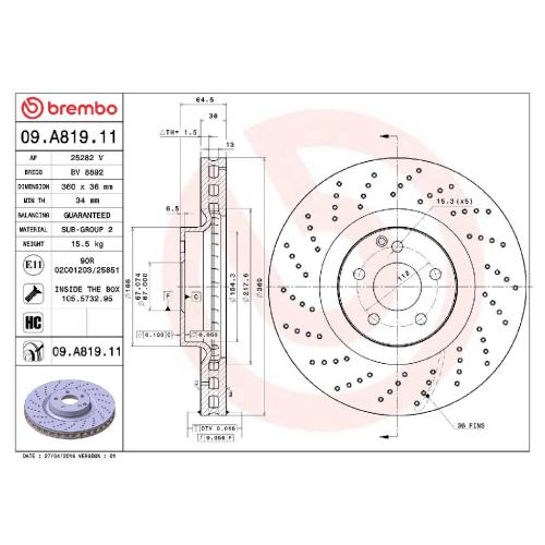BREMBO Bremsbelagsatz, Scheibenbremse P 50 074 + Bremsscheibe 09.A819.11 Bild BREMBO Bremsbelagsatz, Scheibenbremse P 50 074 + Bremsscheibe 09.A819.11
