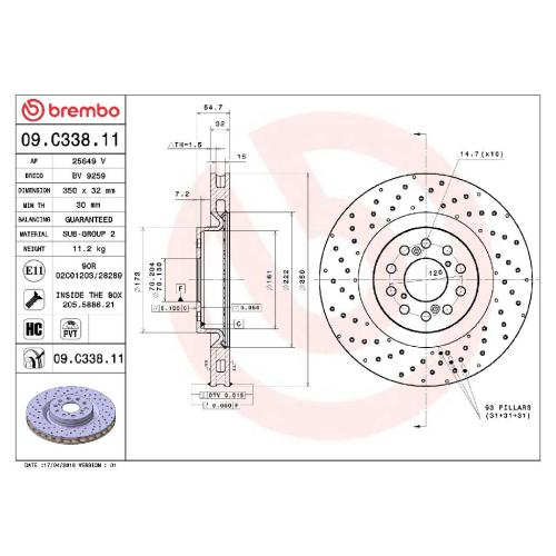 BREMBO Bremsbelagsatz, Scheibenbremse P 54 039 + Bremsscheibe 09.C338.11 Bild BREMBO Bremsbelagsatz, Scheibenbremse P 54 039 + Bremsscheibe 09.C338.11