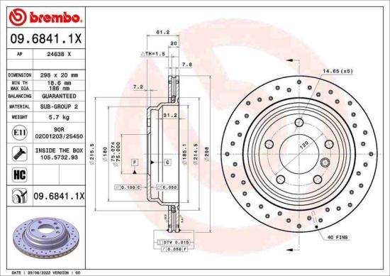 BREMBO Bremsscheibe 09.6841.1X + Warnkontakt, Bremsbelagverschleiß A 00 201 + Bremsbelagsatz, Scheibenbremse P 06 023 Bild BREMBO Bremsscheibe 09.6841.1X + Warnkontakt, Bremsbelagverschleiß A 00 201 + Bremsbelagsatz, Scheibenbremse P 06 023