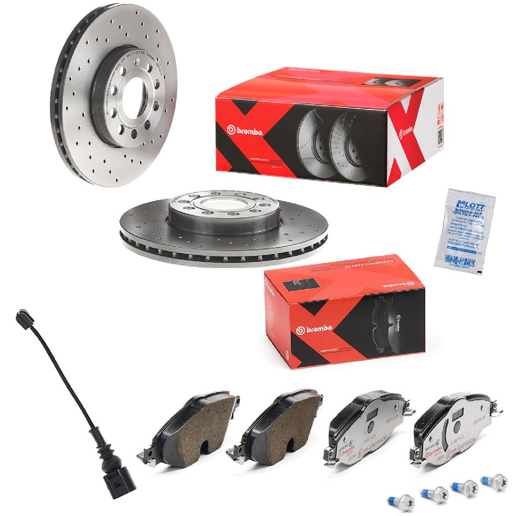 BREMBO Bremsscheibe 09.9145.1X + Bremsbelagsatz, Scheibenbremse P 85 147X + Warnkontakt, Bremsbelagverschleiß A 00 492