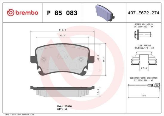 BREMBO Bremsscheibe 09.9582.11 + Bremsbelagsatz, Scheibenbremse P 85 083 Bild BREMBO Bremsscheibe 09.9582.11 + Bremsbelagsatz, Scheibenbremse P 85 083