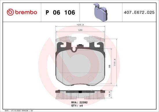 BREMBO Bremsbelagsatz, Scheibenbremse P 06 106 + Bremsscheibe 09.D898.23 + Warnkontakt, Bremsbelagverschleiß A 00 523 + Bremsscheibe 09.D897.23 Bild BREMBO Bremsbelagsatz, Scheibenbremse P 06 106 + Bremsscheibe 09.D898.23 + Warnkontakt, Bremsbelagverschleiß A 00 523 + Bremsscheibe 09.D897.23