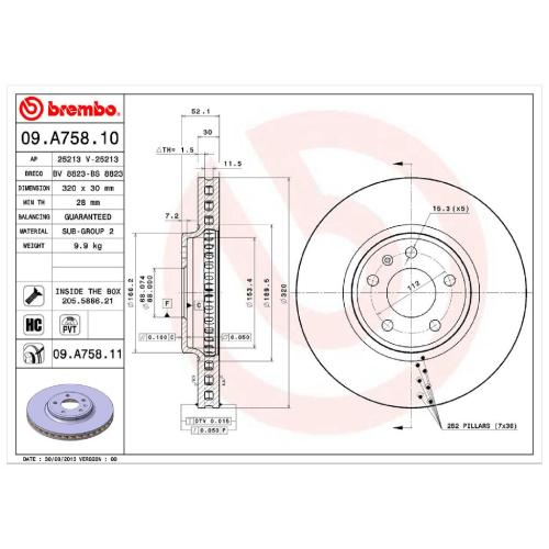 BREMBO Bremsscheibe 09.A758.11 + Bremsbelagsatz, Scheibenbremse P 85 098 Bild BREMBO Bremsscheibe 09.A758.11 + Bremsbelagsatz, Scheibenbremse P 85 098