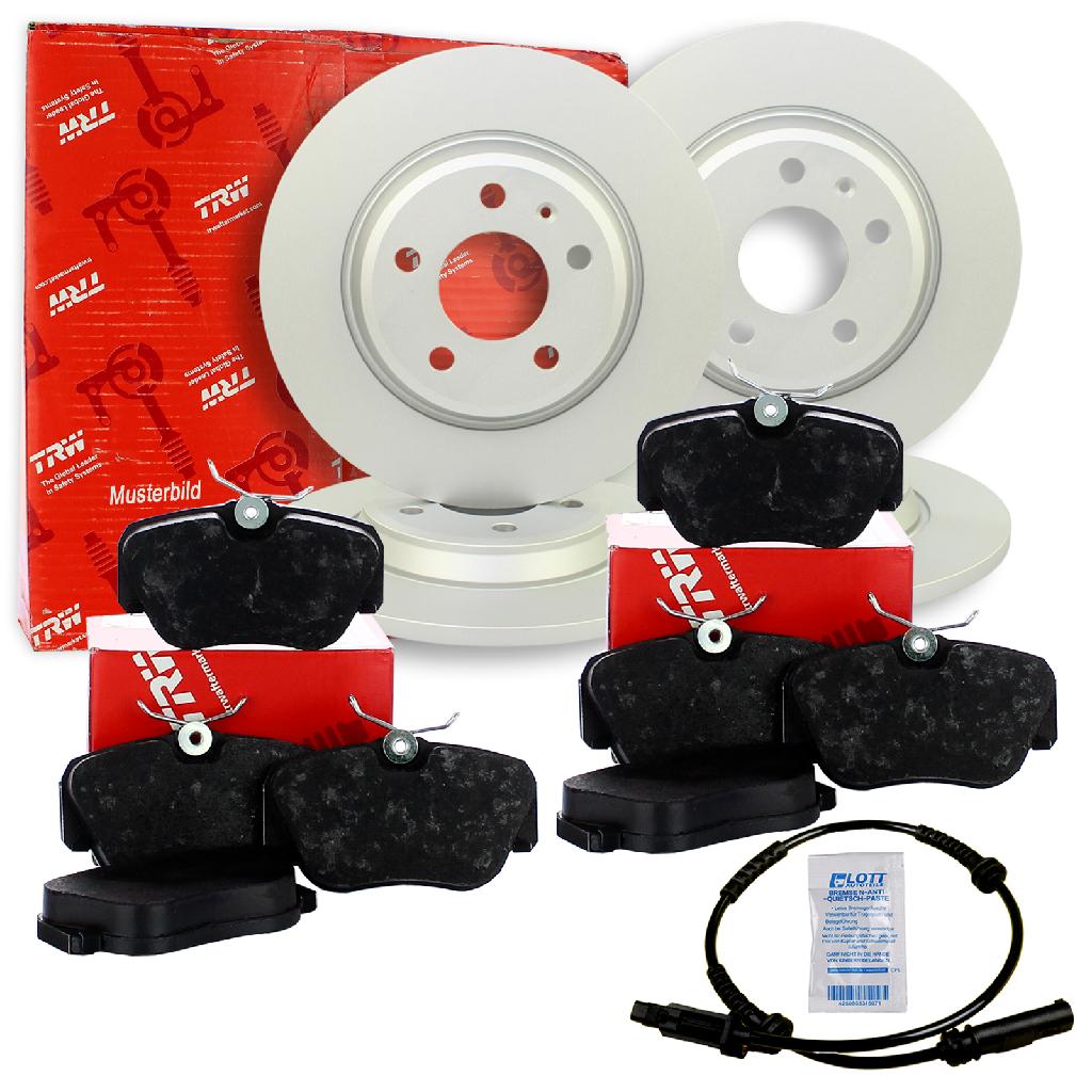 TRW Bremsbelagsatz, Scheibenbremse GDB916 + Bremsscheibe DF2555 + Bremsbelagsatz, Scheibenbremse GDB917 + Bremsscheibe DF2557 + Warnkontakt, Bremsbelagverschleiß GIC110