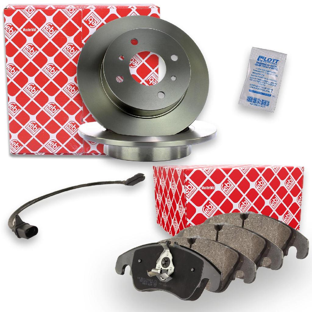FEBI BILSTEIN Bremsscheibe 27699 + Warnkontakt, Bremsbelagverschleiß 28139 + Bremsbelagsatz, Scheibenbremse 16735