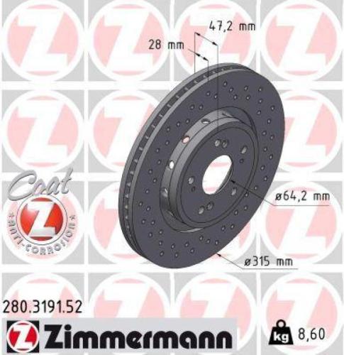 ZIMMERMANN Bremsscheibe 280.3191.52 + Bremsbelagsatz, Scheibenbremse 24638.190.1 Bild ZIMMERMANN Bremsscheibe 280.3191.52 + Bremsbelagsatz, Scheibenbremse 24638.190.1