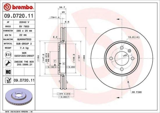 BREMBO Bremsbelagsatz, Scheibenbremse P 85 147 + Bremsscheibe 09.D720.11 Bild BREMBO Bremsbelagsatz, Scheibenbremse P 85 147 + Bremsscheibe 09.D720.11