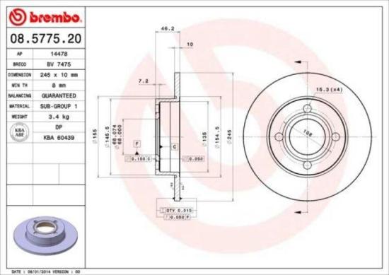 BREMBO Bremsscheibe 08.5775.20 + Bremsbelagsatz, Scheibenbremse P 85 013 Bild BREMBO Bremsscheibe 08.5775.20 + Bremsbelagsatz, Scheibenbremse P 85 013