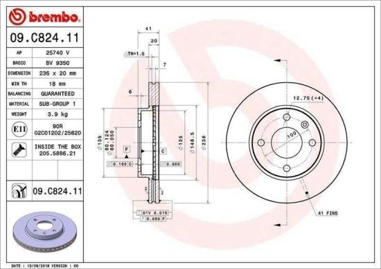 BREMBO Bremsbelagsatz, Scheibenbremse P 59 088 + Bremsscheibe 09.C824.11 Bild BREMBO Bremsbelagsatz, Scheibenbremse P 59 088 + Bremsscheibe 09.C824.11