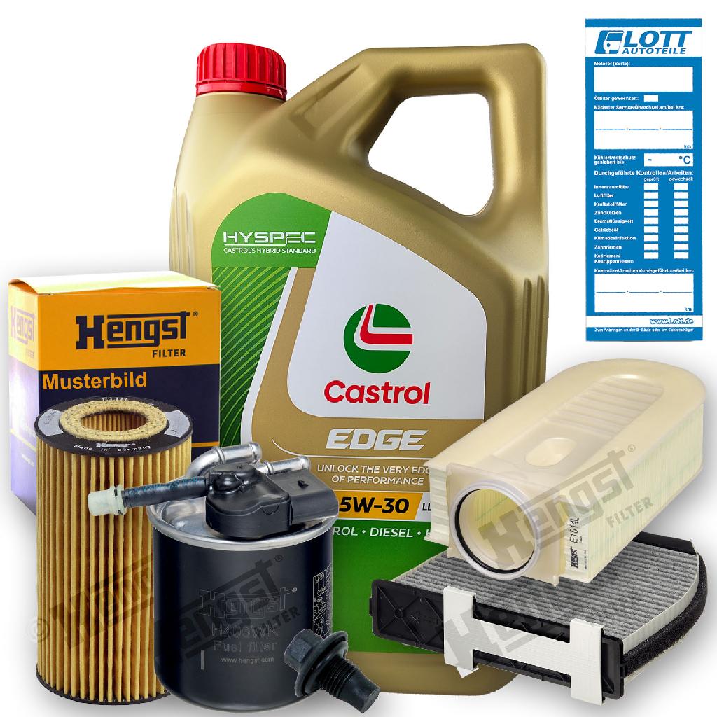 Castrol Motoröl + Ölfilter + Luftfilter + Innenraumfilter + Kraftstofffilter + Ablassschraube