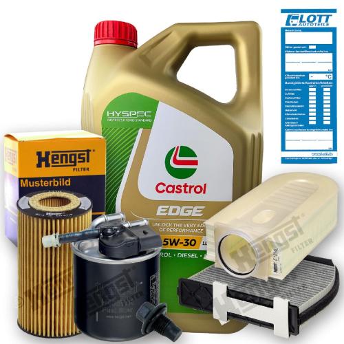 Castrol Motoröl + Ölfilter + Luftfilter + Innenraumfilter + Kraftstofffilter + Ablassschraube Bild Castrol Motoröl + Ölfilter + Luftfilter + Innenraumfilter + Kraftstofffilter + Ablassschraube