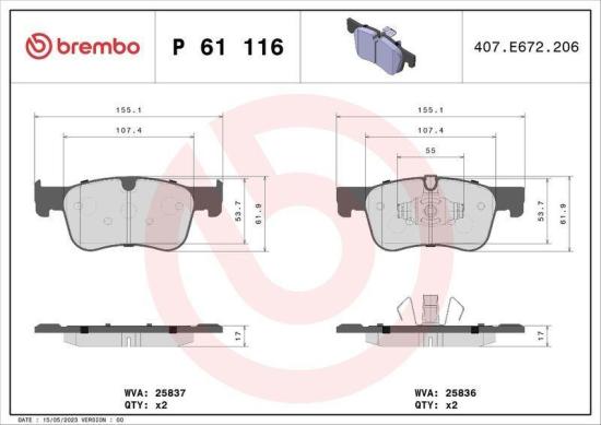 BREMBO Bremsscheibe 09.C825.11 + Bremsbelagsatz, Scheibenbremse P 61 116 Bild BREMBO Bremsscheibe 09.C825.11 + Bremsbelagsatz, Scheibenbremse P 61 116