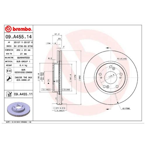 BREMBO Bremsscheibe 09.A455.11 + Bremsbelagsatz, Scheibenbremse P 28 037 Bild BREMBO Bremsscheibe 09.A455.11 + Bremsbelagsatz, Scheibenbremse P 28 037