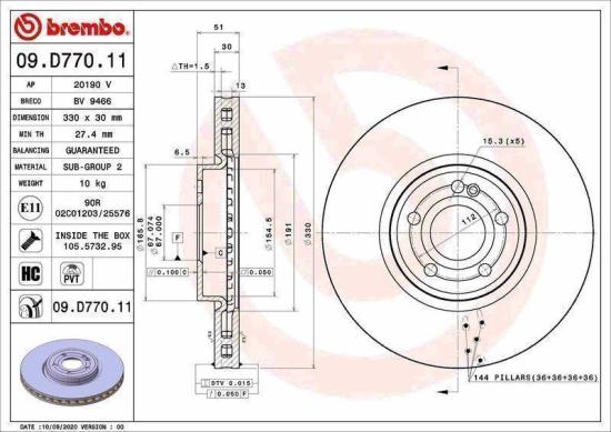 BREMBO Bremsbelagsatz, Scheibenbremse P 50 152 + Bremsscheibe 09.D770.11 + Warnkontakt, Bremsbelagverschleiß A 00 353 Bild BREMBO Bremsbelagsatz, Scheibenbremse P 50 152 + Bremsscheibe 09.D770.11 + Warnkontakt, Bremsbelagverschleiß A 00 353