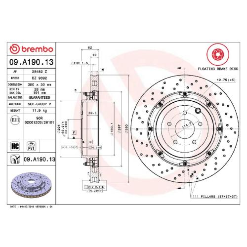 BREMBO Bremsbelagsatz, Scheibenbremse P 36 018 + Bremsscheibe 09.A190.13 Bild BREMBO Bremsbelagsatz, Scheibenbremse P 36 018 + Bremsscheibe 09.A190.13