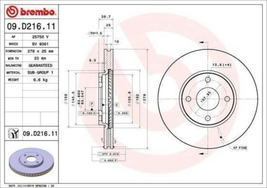 BREMBO Bremsbelagsatz, Scheibenbremse P 24 061 + Bremsscheibe 09.D216.11 Bild BREMBO Bremsbelagsatz, Scheibenbremse P 24 061 + Bremsscheibe 09.D216.11