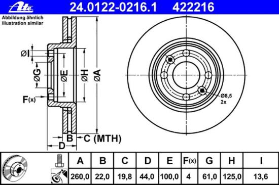ATE Bremsbelagsatz, Scheibenbremse 13.0460-5801.2 + Bremsscheibe 24.0122-0216.1 Bild ATE Bremsbelagsatz, Scheibenbremse 13.0460-5801.2 + Bremsscheibe 24.0122-0216.1