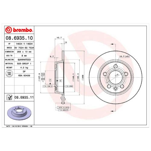 BREMBO Bremsscheibe 08.6935.11 + Bremsbelagsatz, Scheibenbremse P 85 020 Bild BREMBO Bremsscheibe 08.6935.11 + Bremsbelagsatz, Scheibenbremse P 85 020