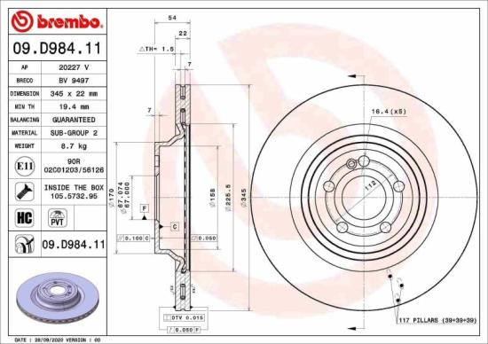 BREMBO Bremsscheibe 09.D984.11 + Bremsbelagsatz, Scheibenbremse P 50 162 + Warnkontakt, Bremsbelagverschleiß A 00 353 Bild BREMBO Bremsscheibe 09.D984.11 + Bremsbelagsatz, Scheibenbremse P 50 162 + Warnkontakt, Bremsbelagverschleiß A 00 353