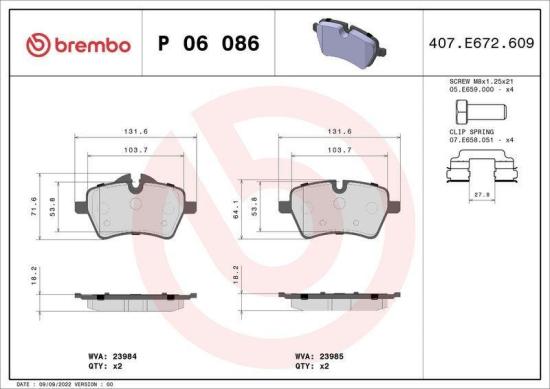 BREMBO Warnkontakt, Bremsbelagverschleiß A 00 444 + Bremsbelagsatz, Scheibenbremse P 06 086 + Bremsscheibe 09.B645.11 Bild BREMBO Warnkontakt, Bremsbelagverschleiß A 00 444 + Bremsbelagsatz, Scheibenbremse P 06 086 + Bremsscheibe 09.B645.11