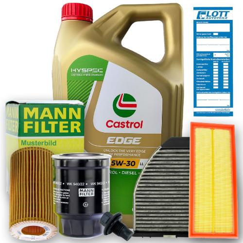 Castrol Motoröl + Ölfilter + Luftfilter + Innenraumfilter + Kraftstofffilter + Ablassschraube Bild Castrol Motoröl + Ölfilter + Luftfilter + Innenraumfilter + Kraftstofffilter + Ablassschraube
