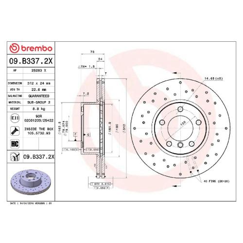 BREMBO Bremsscheibe 09.B337.2X + Bremsbelagsatz, Scheibenbremse P 06 055X Bild BREMBO Bremsscheibe 09.B337.2X + Bremsbelagsatz, Scheibenbremse P 06 055X