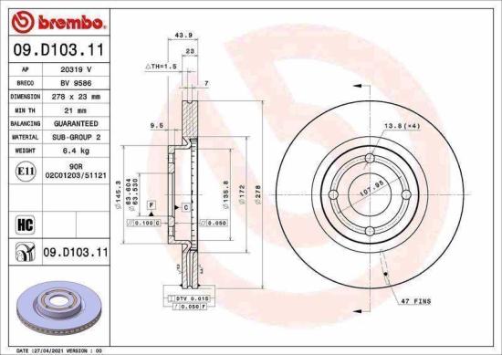 BREMBO Bremsbelagsatz, Scheibenbremse P 24 210 + Bremsscheibe 09.D103.11 Bild BREMBO Bremsbelagsatz, Scheibenbremse P 24 210 + Bremsscheibe 09.D103.11