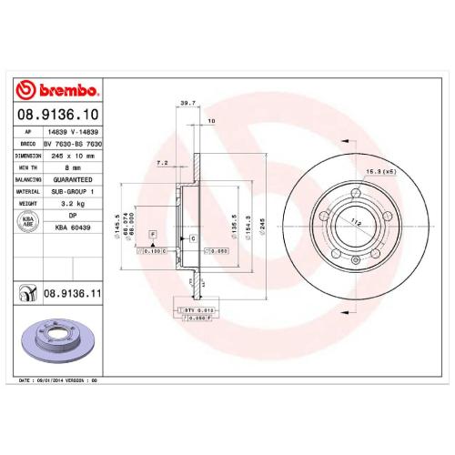 BREMBO Bremsbelagsatz, Scheibenbremse P 85 013 + Bremsscheibe 08.9136.11 Bild BREMBO Bremsbelagsatz, Scheibenbremse P 85 013 + Bremsscheibe 08.9136.11
